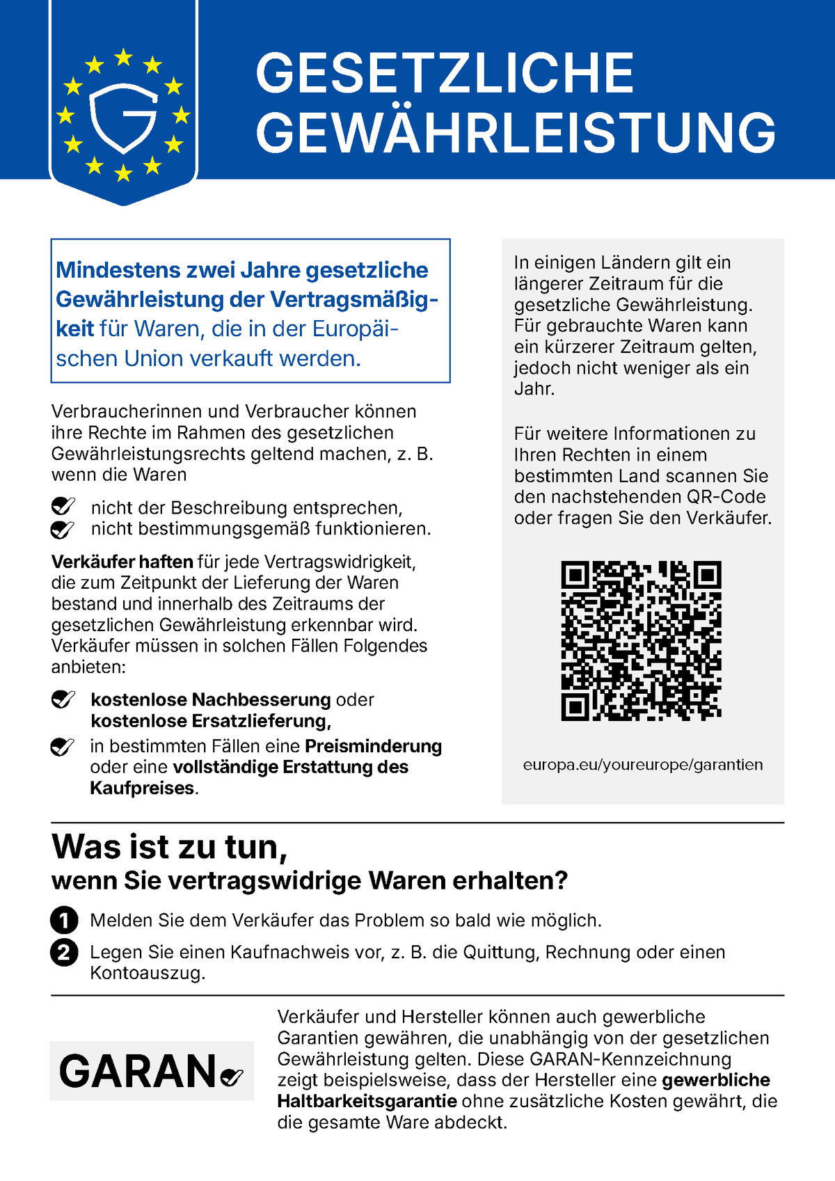 Gesetzliche Gewährleistung: EU Hinweis zur gesetzlichen Gewährleistung von mindestens zwei Jahren